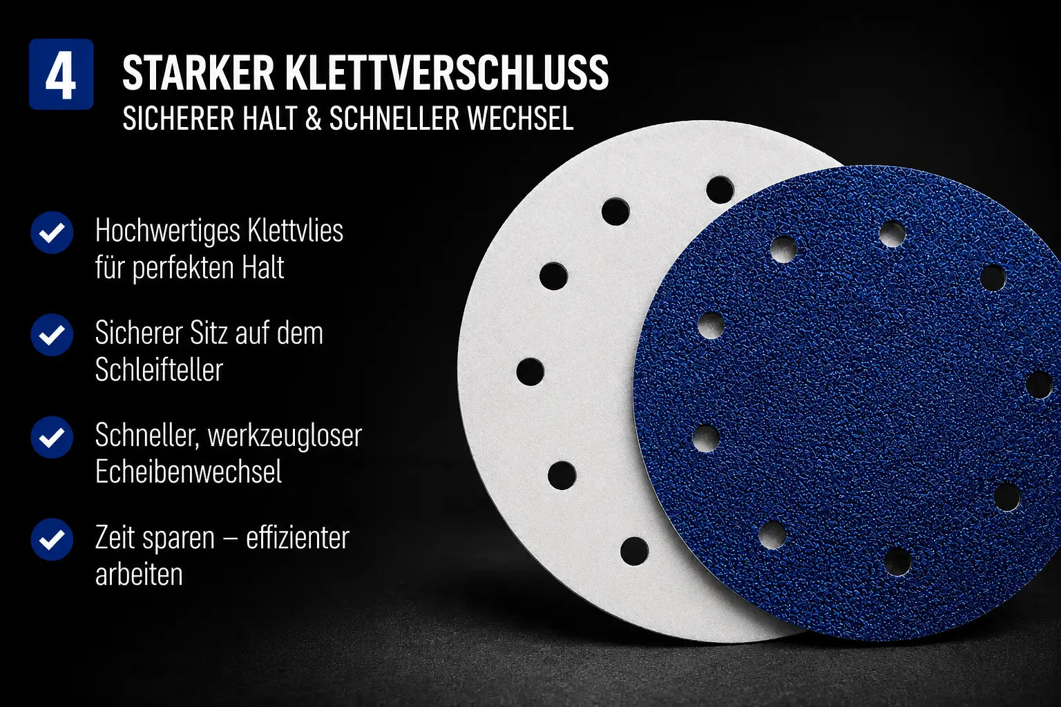 Zirkon Klettschleifscheibe 178 mm mit blauer Schleifseite, 10-Loch-Absaugung und hochwertigem weißen Klettvlies auf der Rückseite für sicheren Halt auf dem Schleifteller.