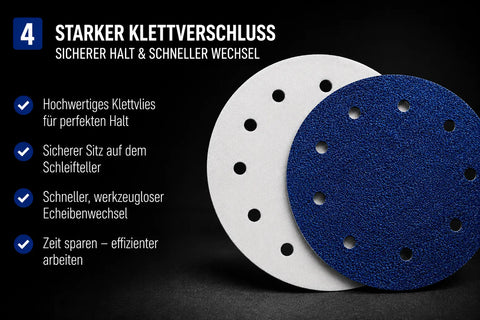 Zirkon Klettschleifscheibe 178 mm mit blauer Schleifseite, 10-Loch-Absaugung und hochwertigem weißen Klettvlies auf der Rückseite für sicheren Halt auf dem Schleifteller.