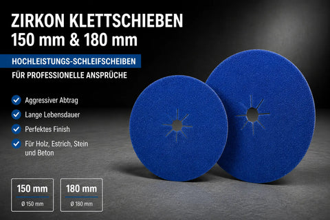 Premium Zirkon Klettschleifscheiben in 150 mm und 180 mm für professionelle Bodenbearbeitung auf Holz, Estrich, Stein und Beton.