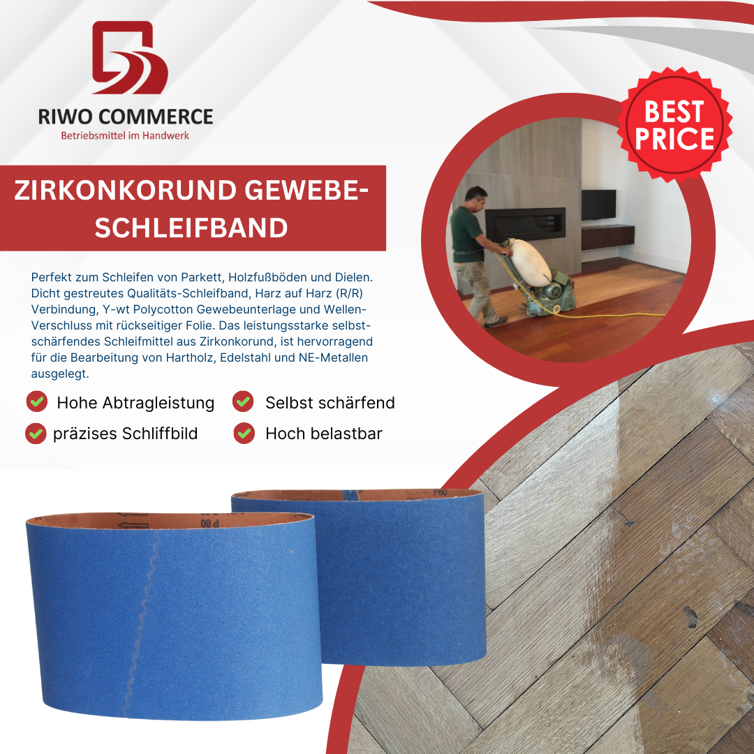 Zirkon Gewebe-Schleifband, 200 x 750 mm, geeignet für Bodenschleifmaschinen. Hochwertiges Schleifmittel für präzise Holz- und Metallbearbeitung.