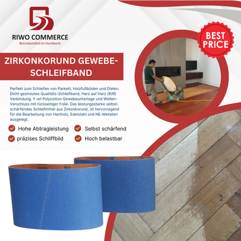 Zirkon Gewebe-Schleifband, 200 x 750 mm, geeignet für Bodenschleifmaschinen. Hochwertiges Schleifmittel für präzise Holz- und Metallbearbeitung.